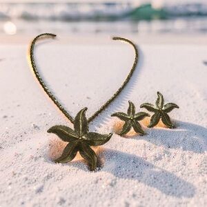 Vintage IXEL Silver with Gold Accents Starfish Collar Necklace Brooch & Earrings